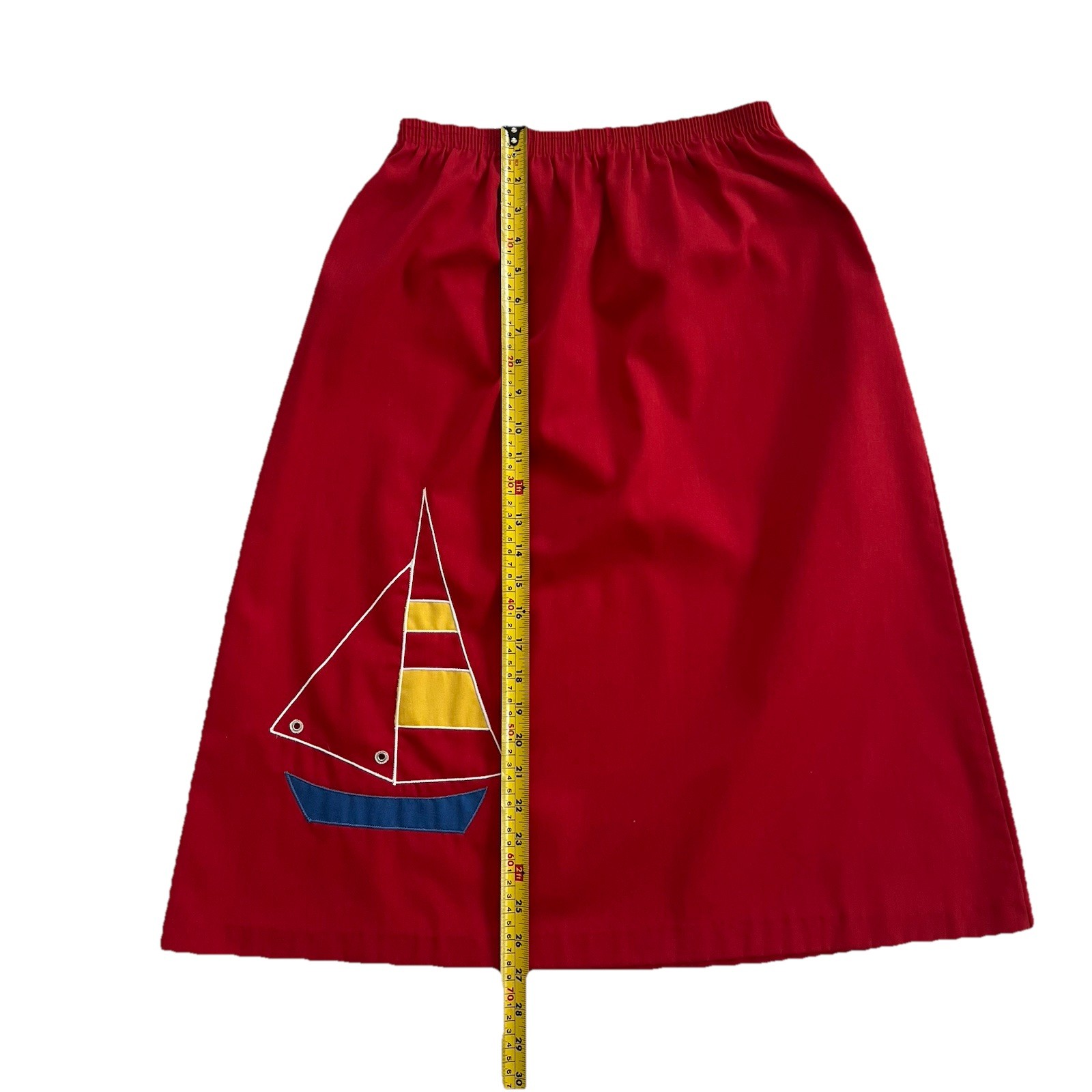 Vintage 70s High Waist Sailboat Midi Skirt S/M Red Nautical Retro Twee Whimsical