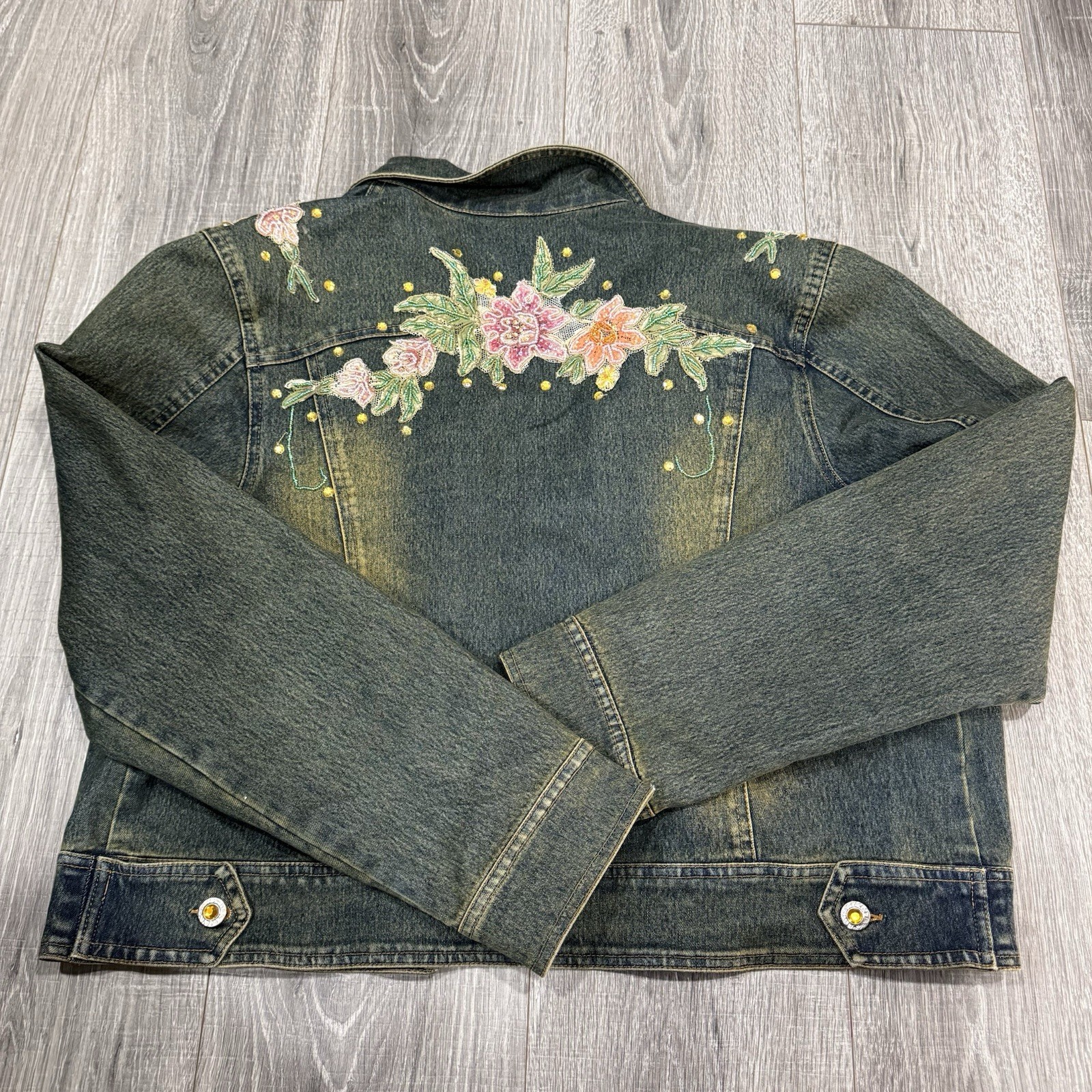 Vintage Kaity Boho Beaded Denim Jacket Beaded Size XL Floral Appliqué