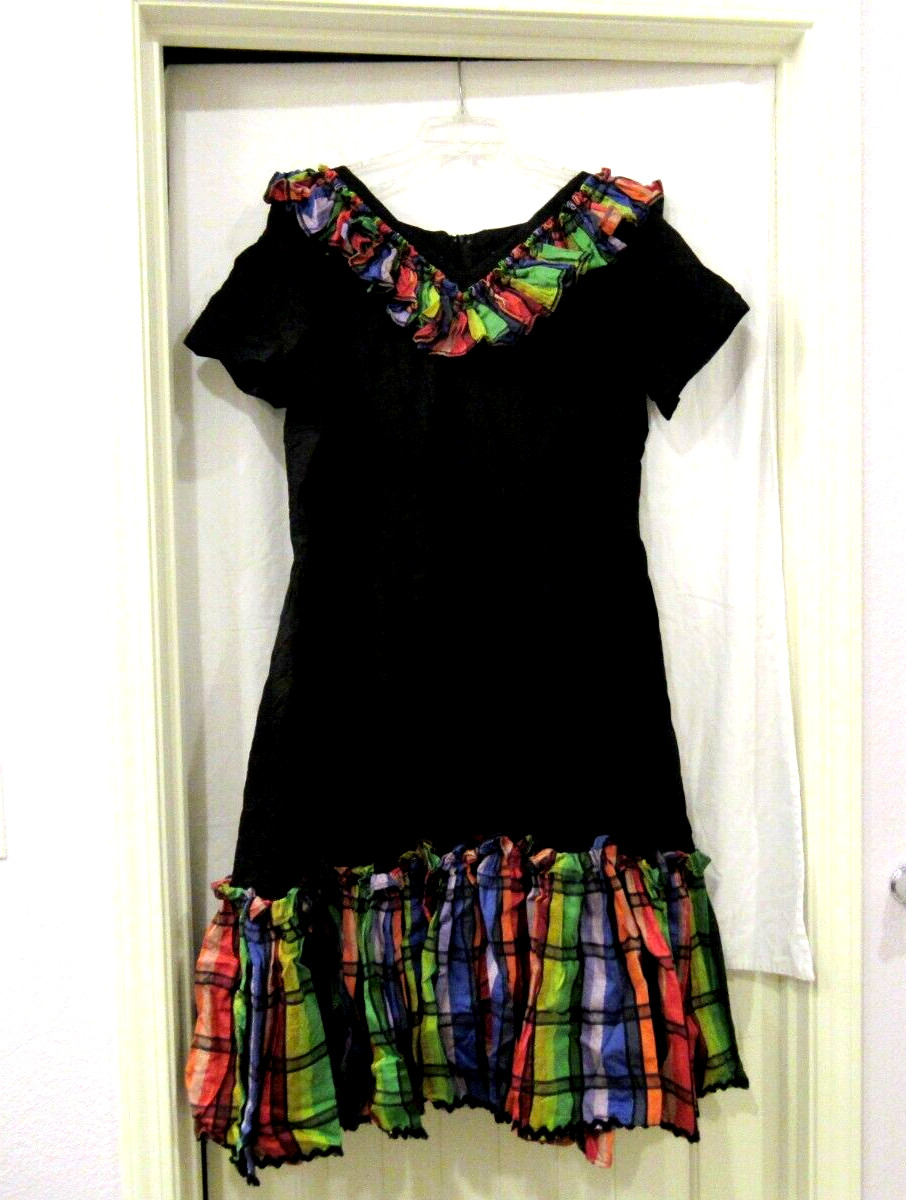Black and plaid ruffled dance dress, flamenco, vintage, 42″ chest