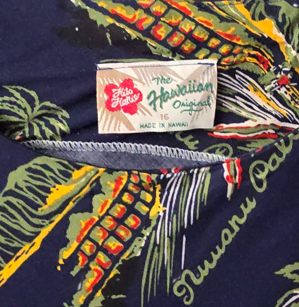 Vintage Hilo Hattie Maxi Dress 16 XL Island Palm Tree Print Navy Hawaiian Beach