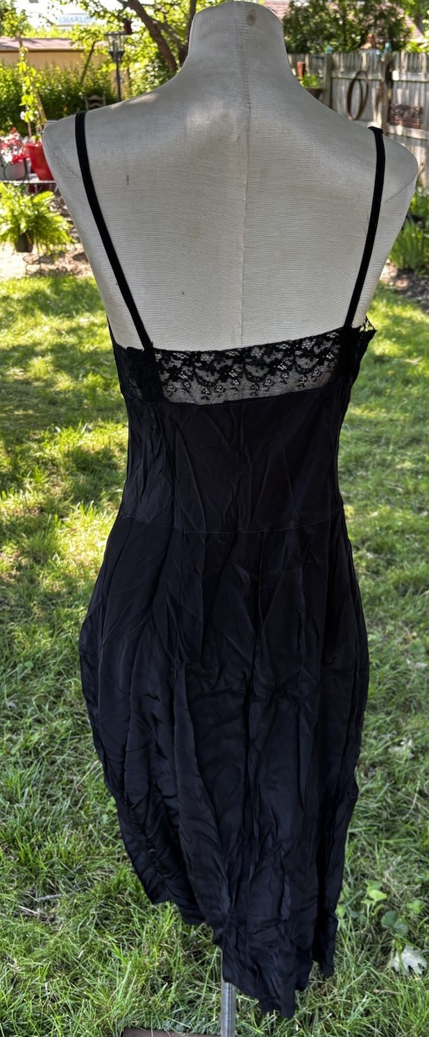 VTG 1940s Black Bias Cut Rayon Midi Slip Dress Lace Sz L 40x30x38″ NICE