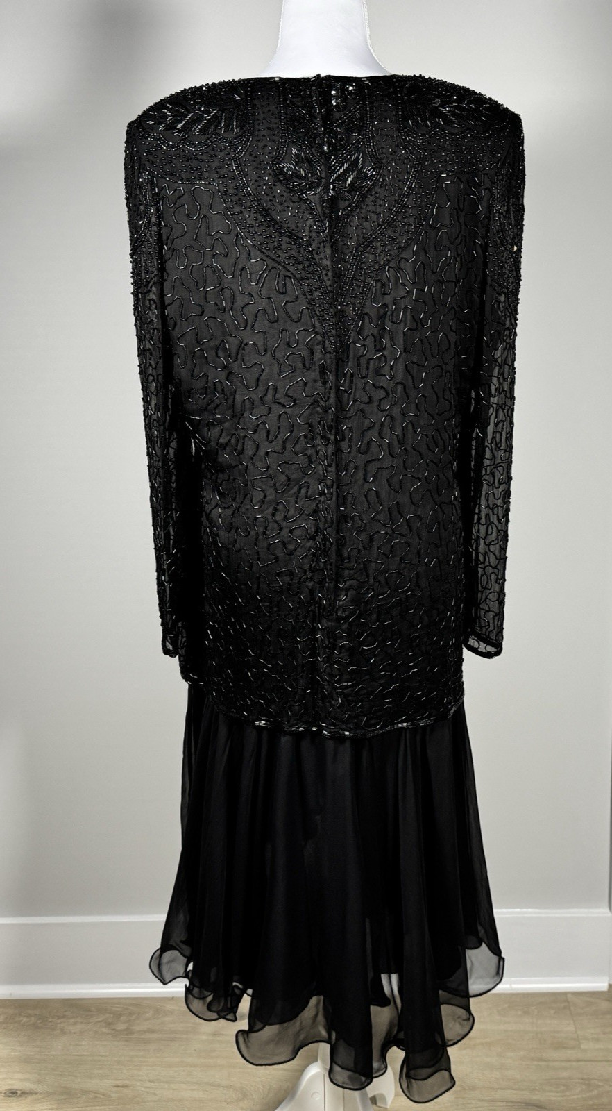Vintage Carina Black Beaded Silk Evening Gown L/XL Asym Hem Shoulder Pads