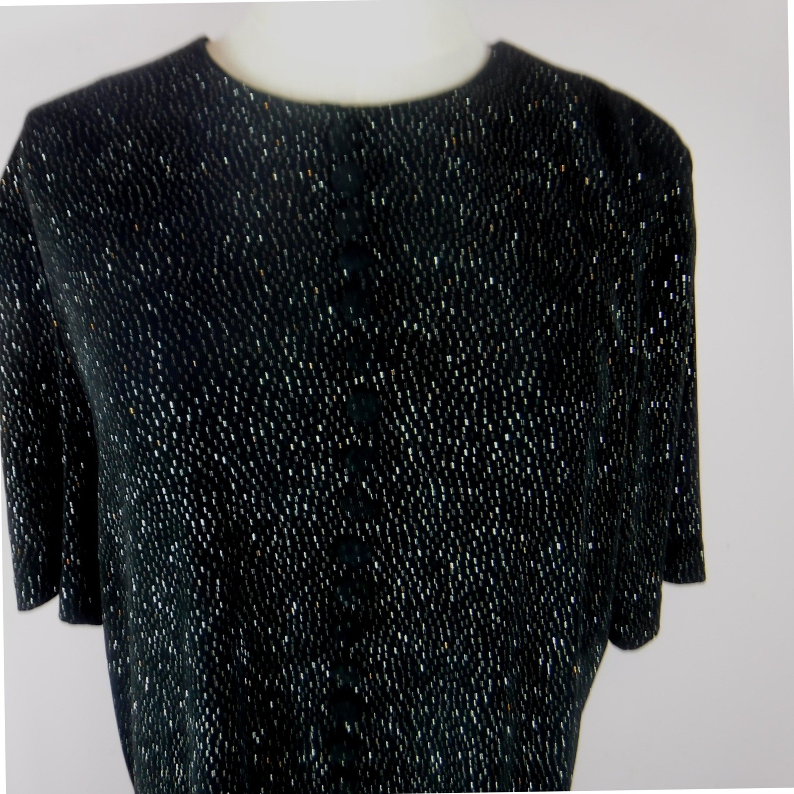 JBS LTD Vintage Black Silver Metallic Knit Tunic Top Short Sleeve Crew Neck 12