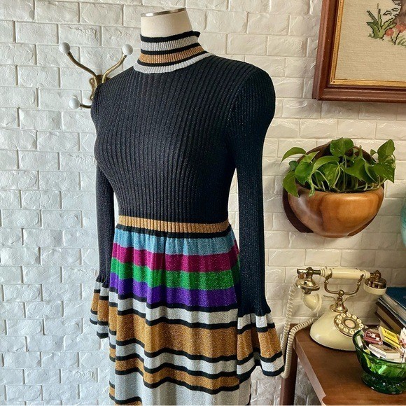 Vintage 1970s Italian Metallic Striped Colorblock Glitter Lurex Ribbed Knit Gown