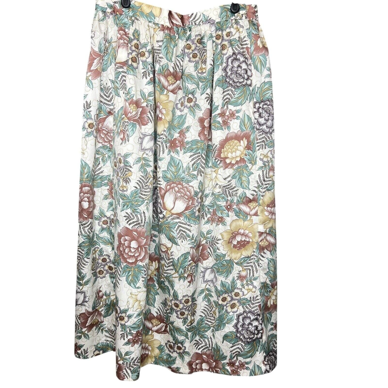 Vintage Diane Von Furstenberg Floral Midi Skirt Tan Pink Green Botanical Sz 12