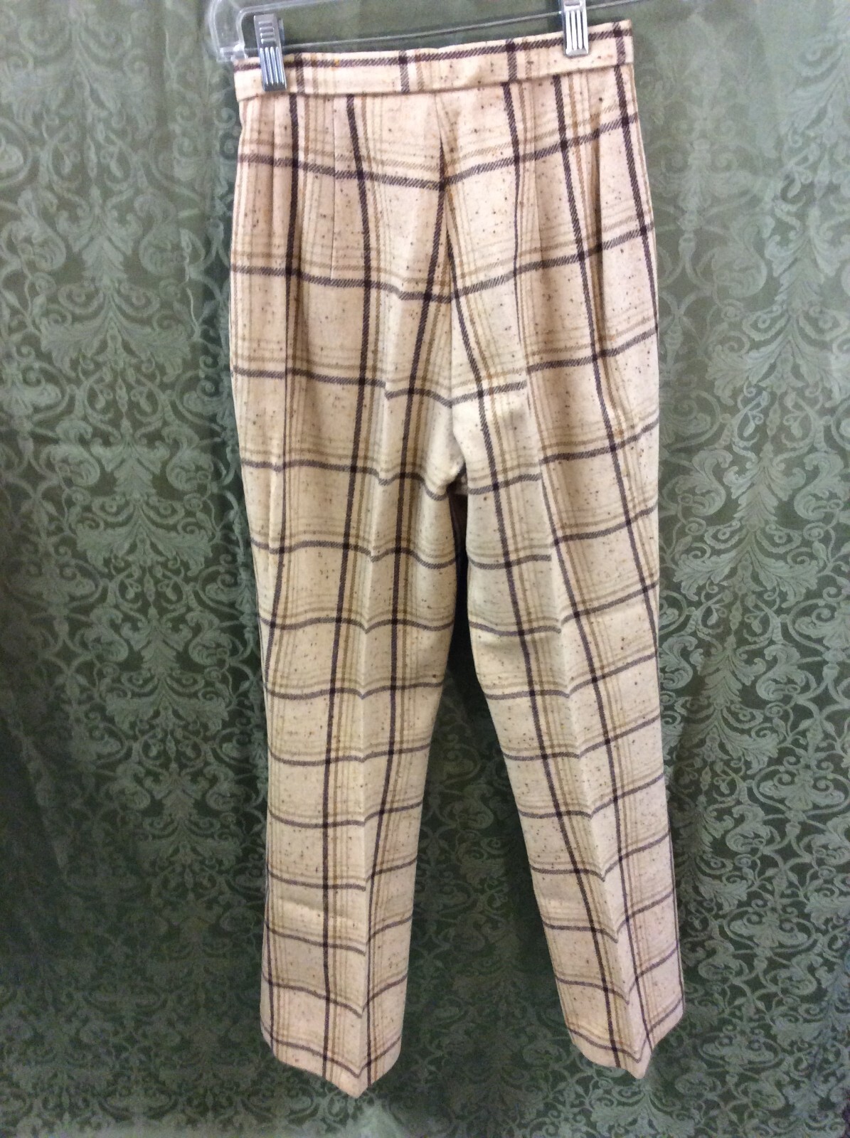 wool Suit XS 34 top 22X28.5 pant tan Brown 2 Piece Pant Suit Vintage 70’s plaid