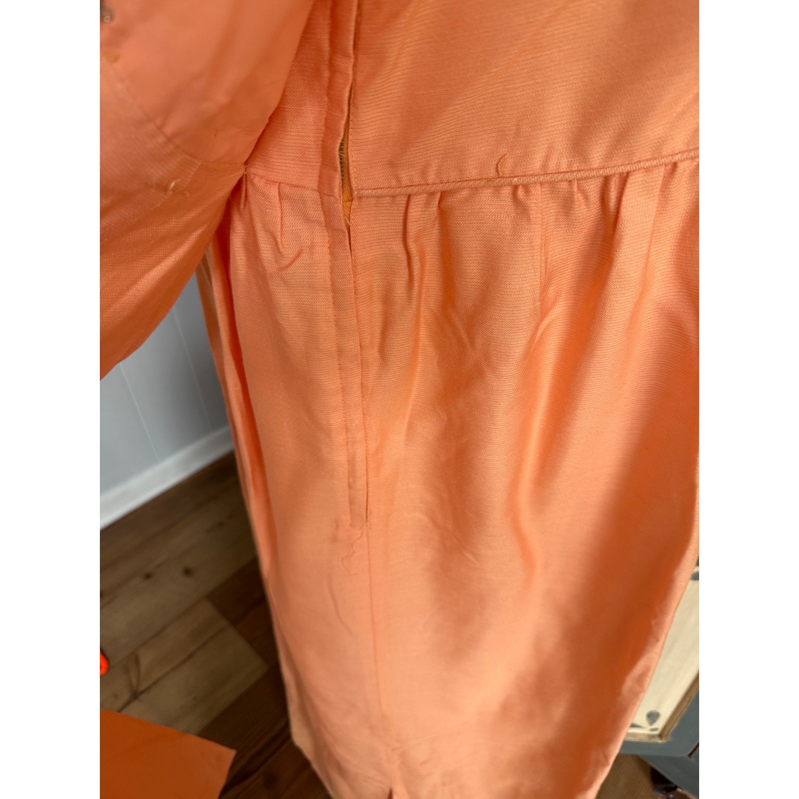 Vintage 60s Apricot Peach Empire Waist Maxi Dress Crochet Lace Ribbon Sleeve
