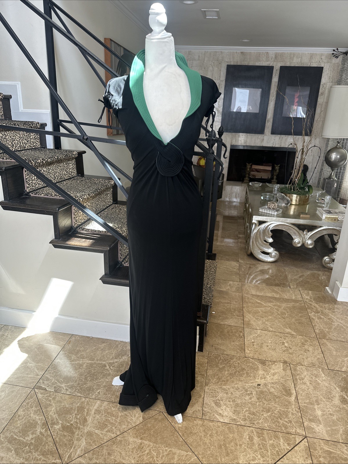 Mariano Toledo VTG Y2K Bias Cut Black & Green Jersey Low Neck Fishtail Gown 2