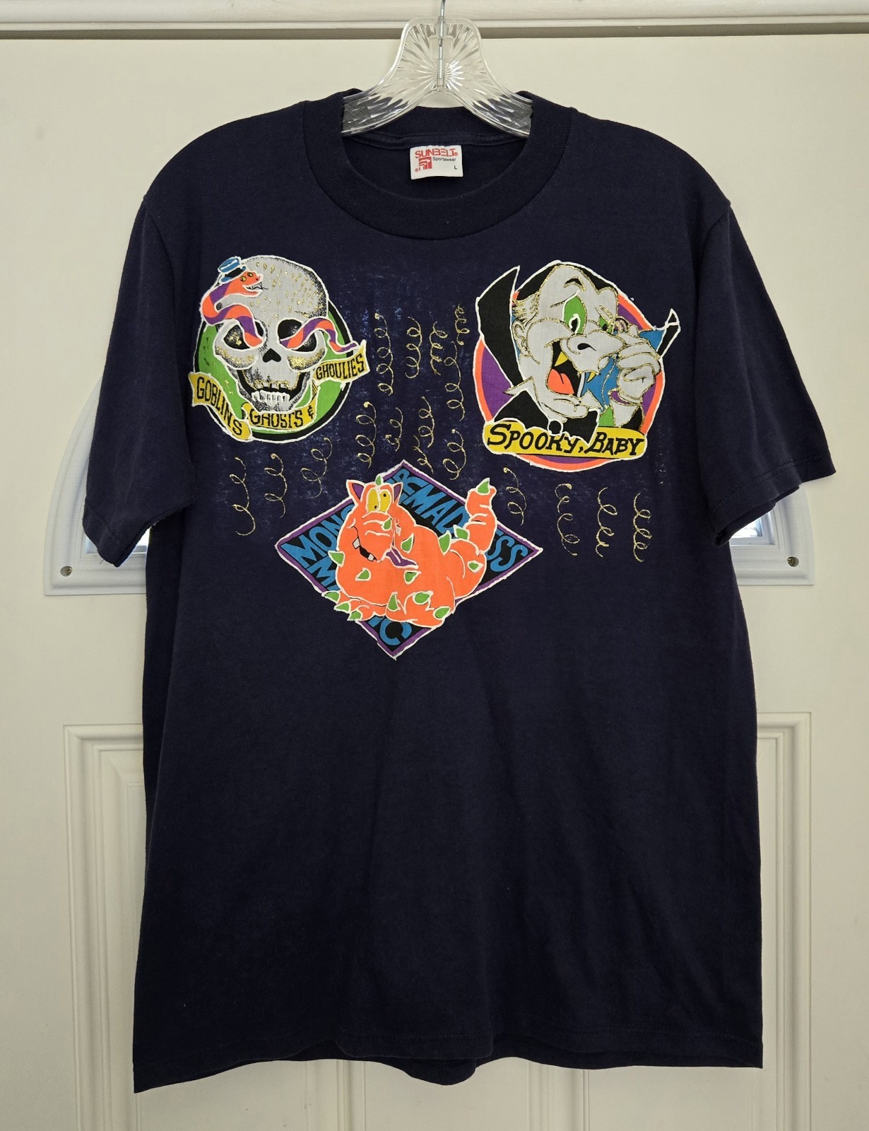 VTG Y2K Sunbelt Halloween T-Shirt Adult L Blue Handmade Embellishment Art USA