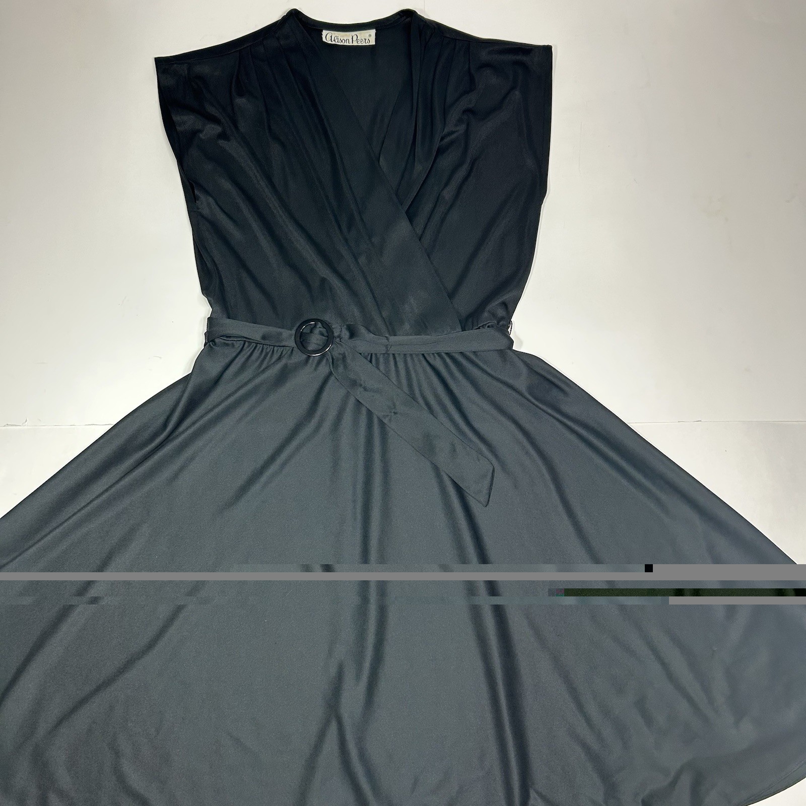 Vtg 89s Alison Peters Black Faux Wrap Midi Dress Cap Sleeve Pleated Belt Sz 10 ?