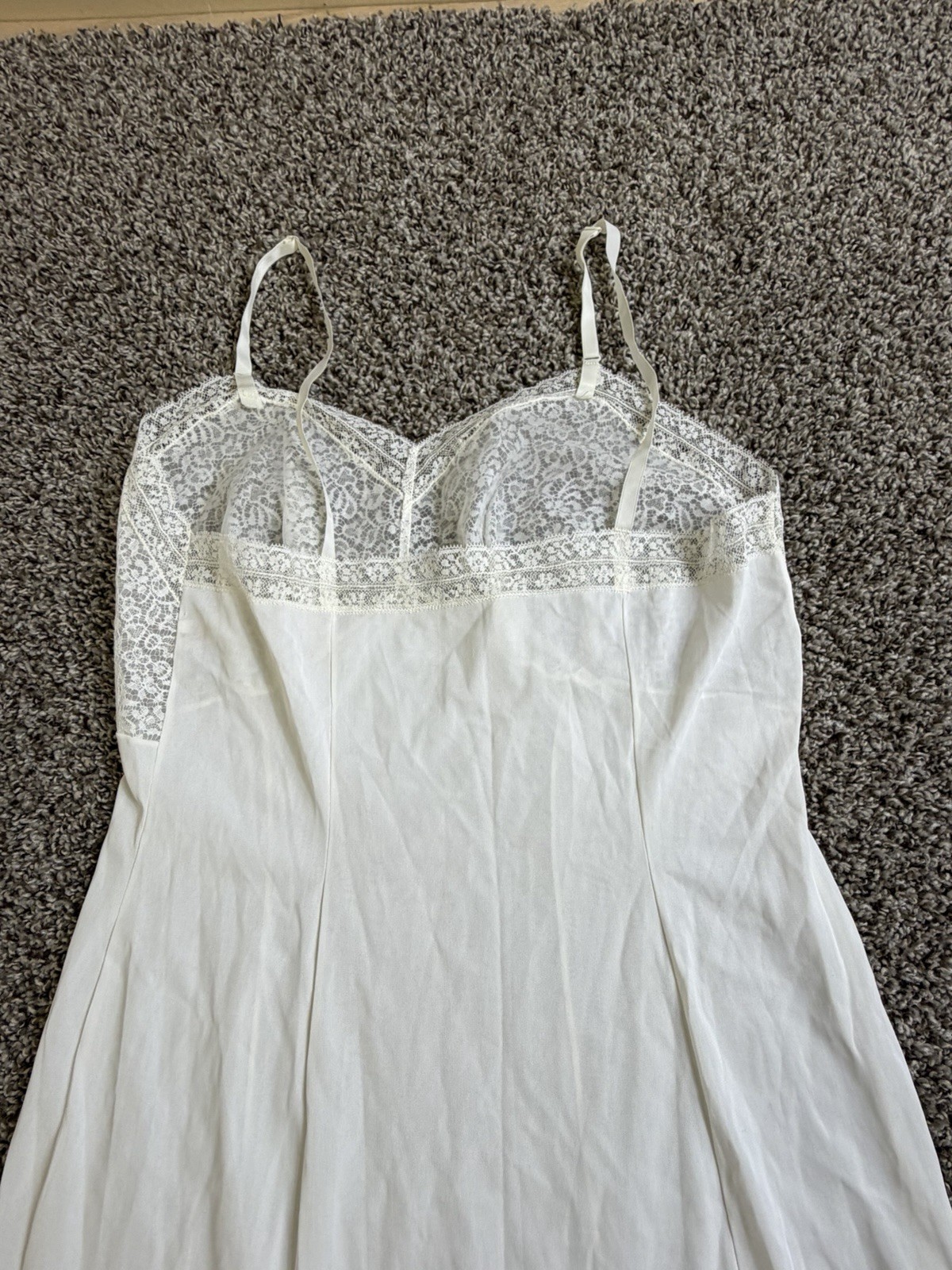 VTG Ivory Lace Slip Dress Size 36 Pleated Ruffle Hem Nylon Bridal Midi Made USA