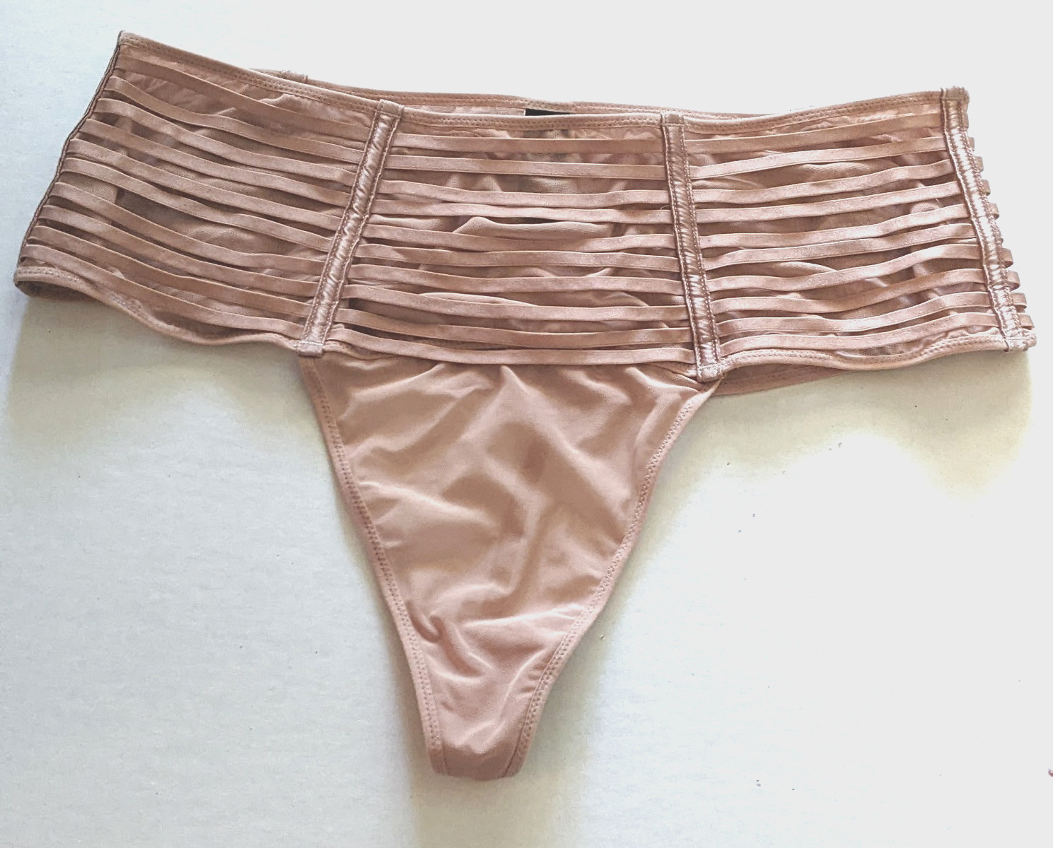 VICTORIA’S SECRET L NUDE MESH BANDED STRAPPY HIGH WAIST V STRING THONG PANTY NMT