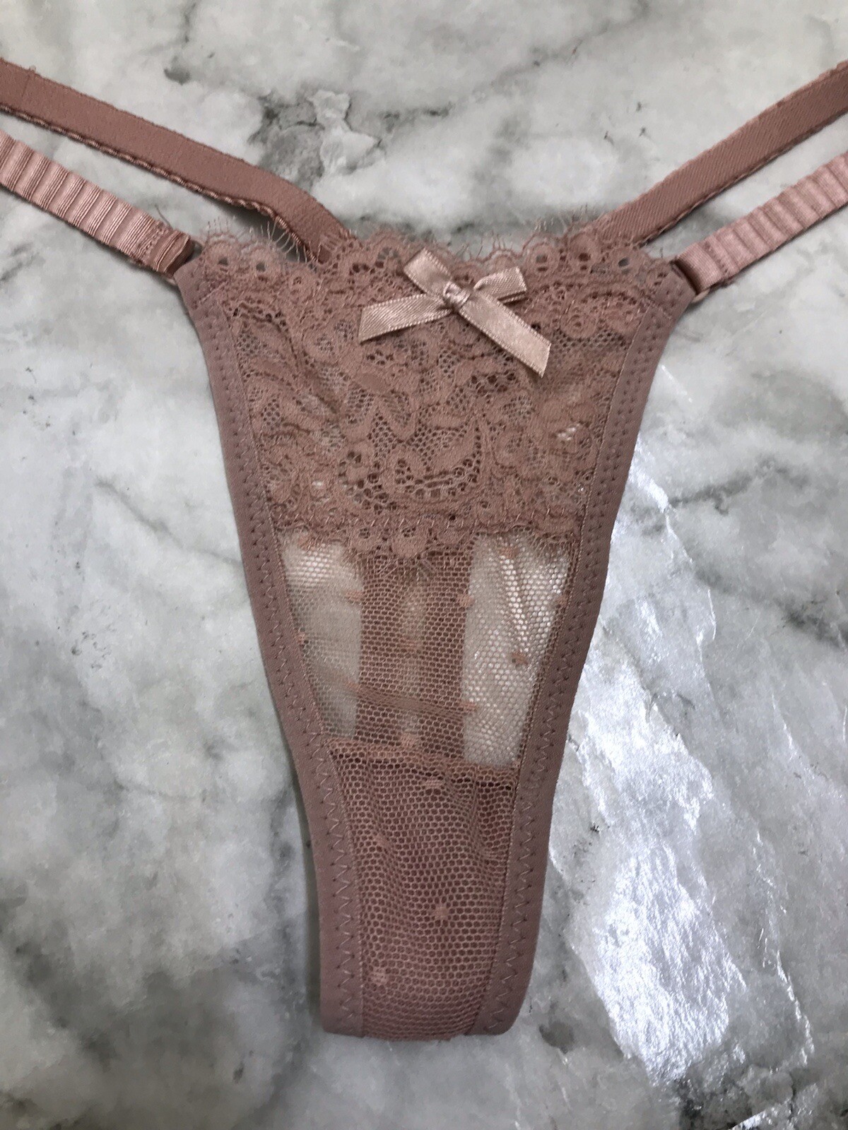 Mesh & Lace Sz Small Thong String Panties Pink Underwear w/ Bow