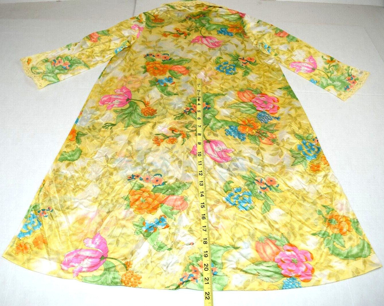Vintage Nightgown Size S 70s Shimmery Golden Yellow Floral A Line Full Button