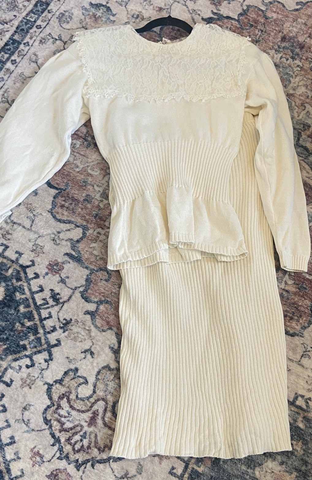 Vtg Gunne Sax Two Piece Sweater Dress Suit Cream Lace Collar Top Med Sk Sm READ