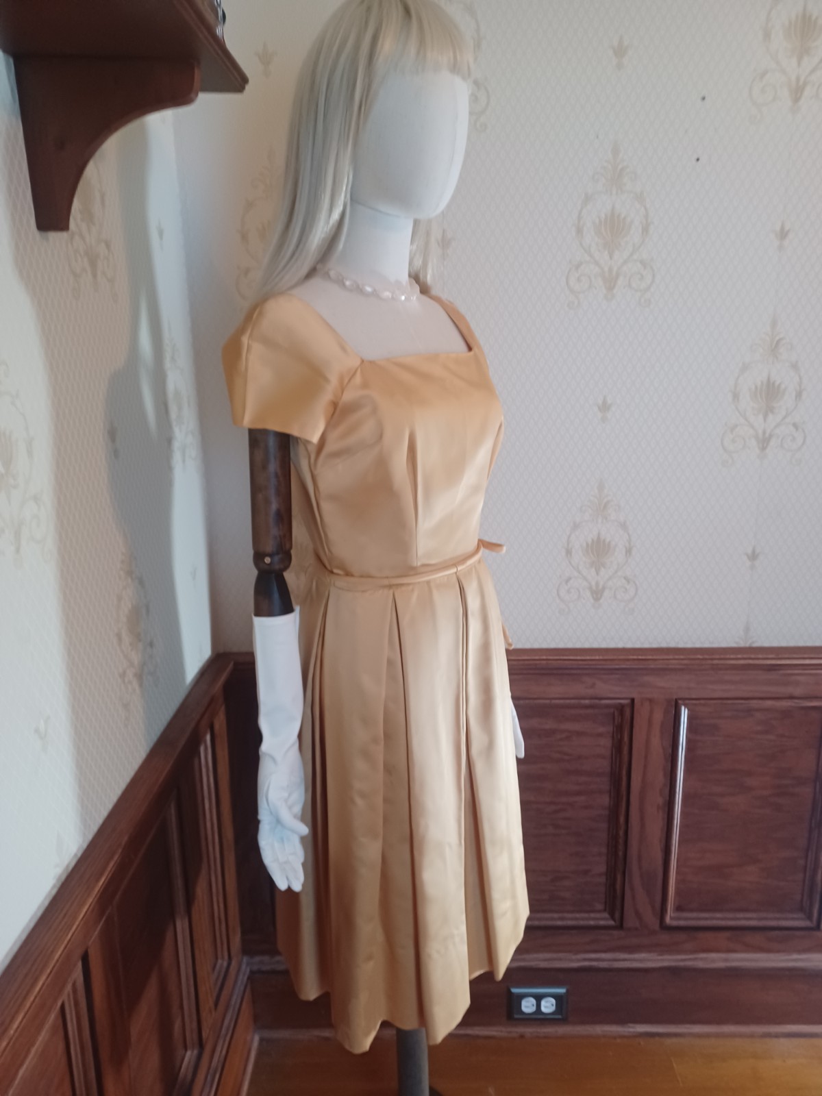 Vintage/Mid-century gold satin cocktail dress, handmade in the 50s or early 60s