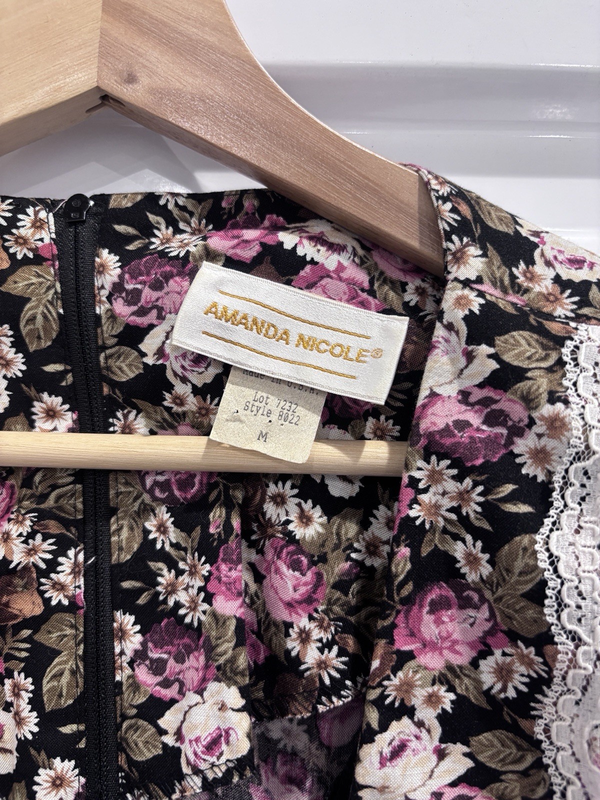 VTG 90s Amanda Nicole Floral Prairie Dress Lace Collar Size M Cottage Core Midi