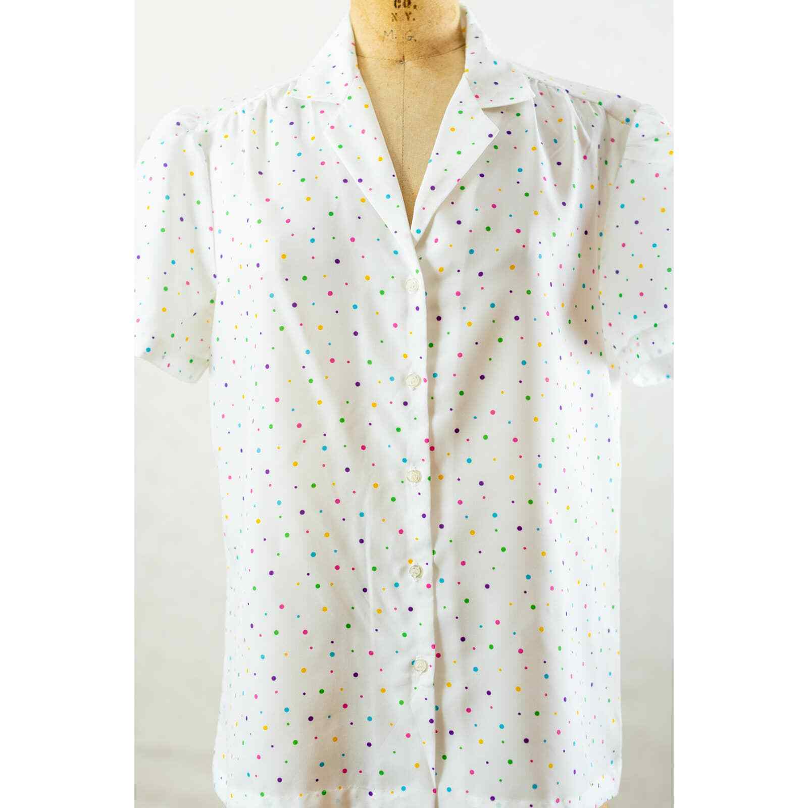 Vintage 80s Colorful Confetti Dot Blouse, Silky Polyester, Button Front, Med Lg