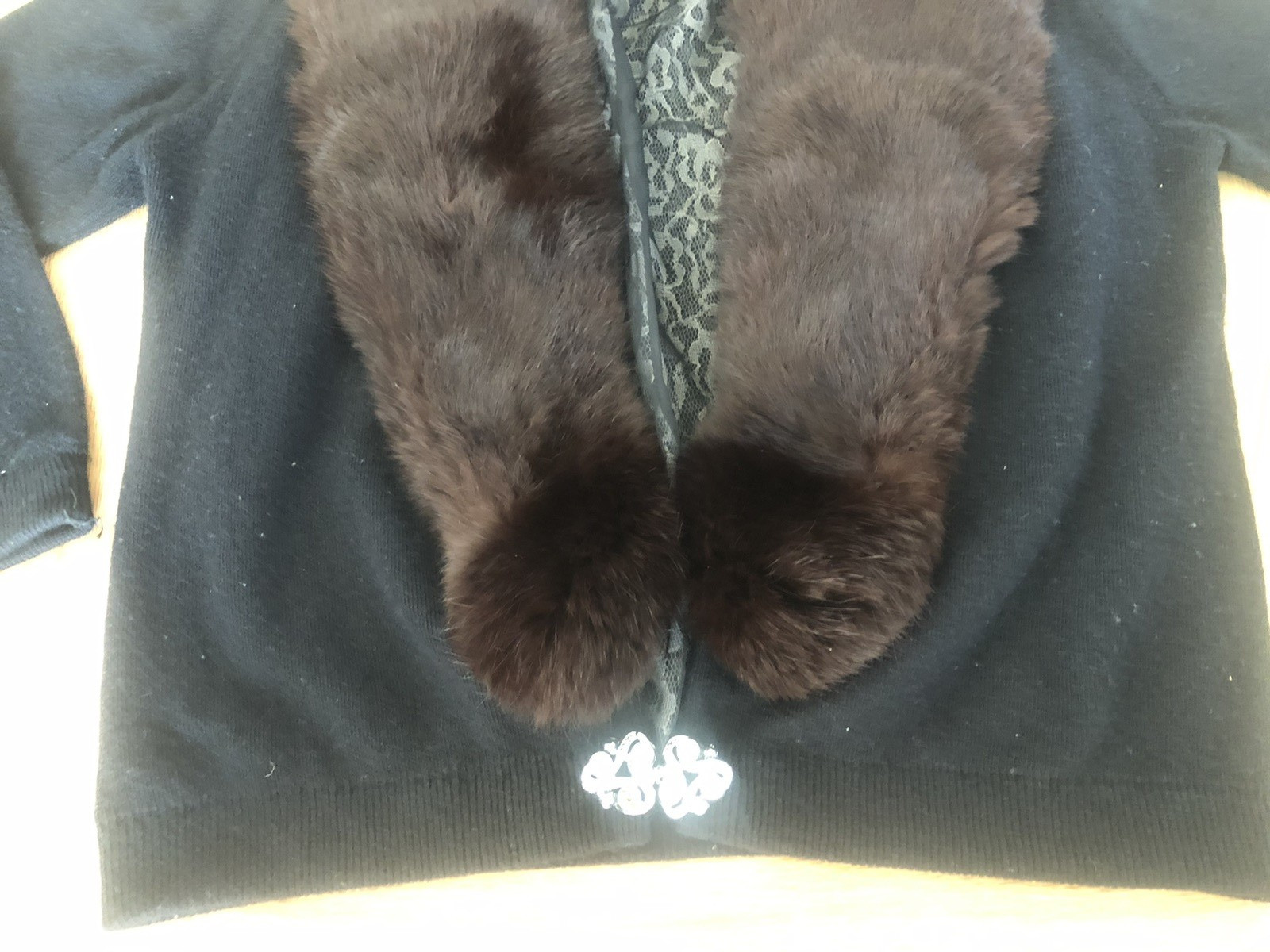 60s VTG Wool Cardigan w Black FUR COLLAR and Rhinestone Clasp