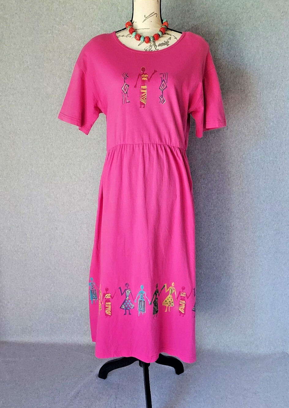 Vintage On The Rocks California Tribal Tunic Dress Short Sleeve Pink Sz.PL USA