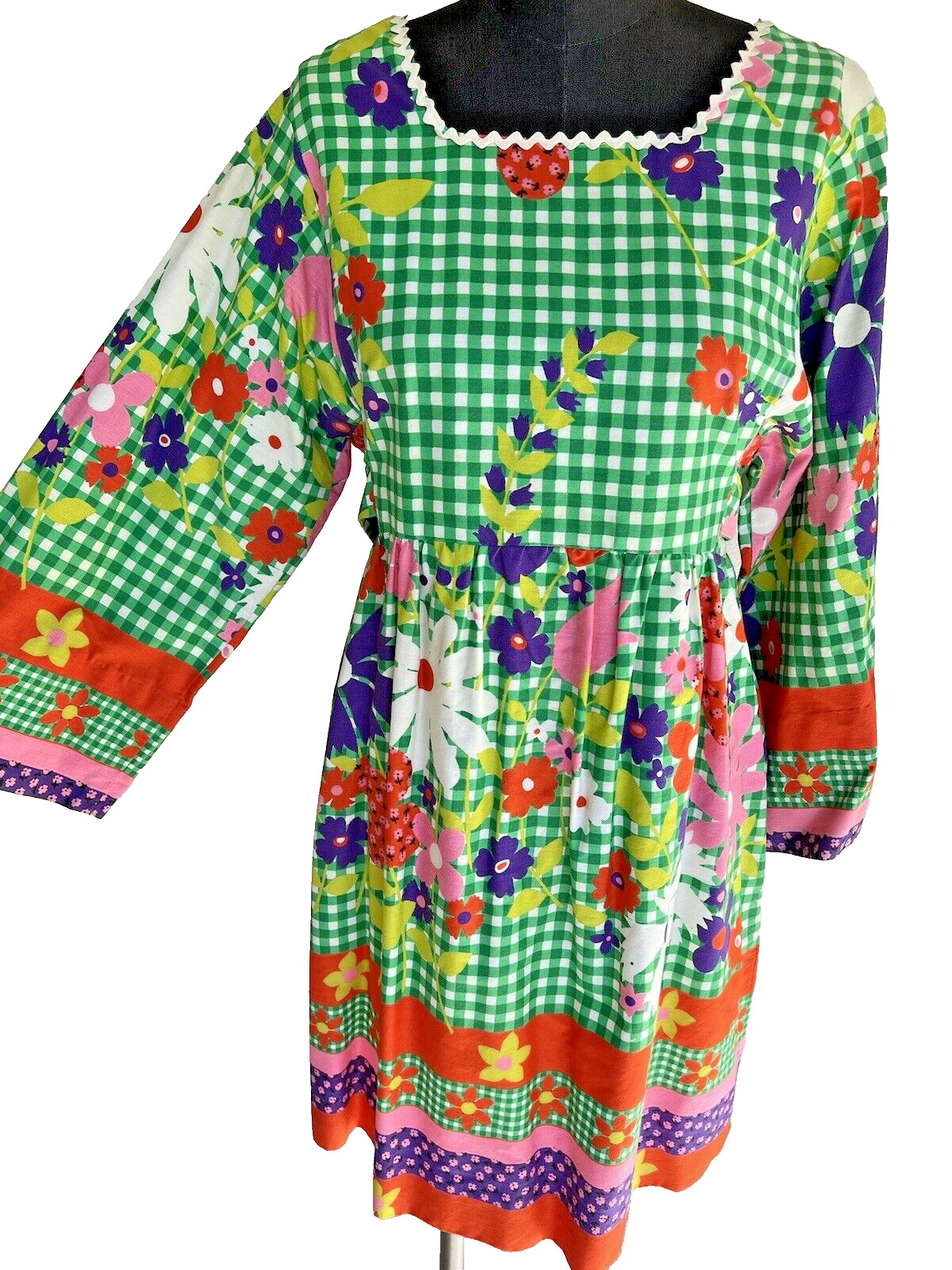 VTG 1970’s Mel Mortan Orange Green Plaid Floral Applique Mini Tunic Dress S or M