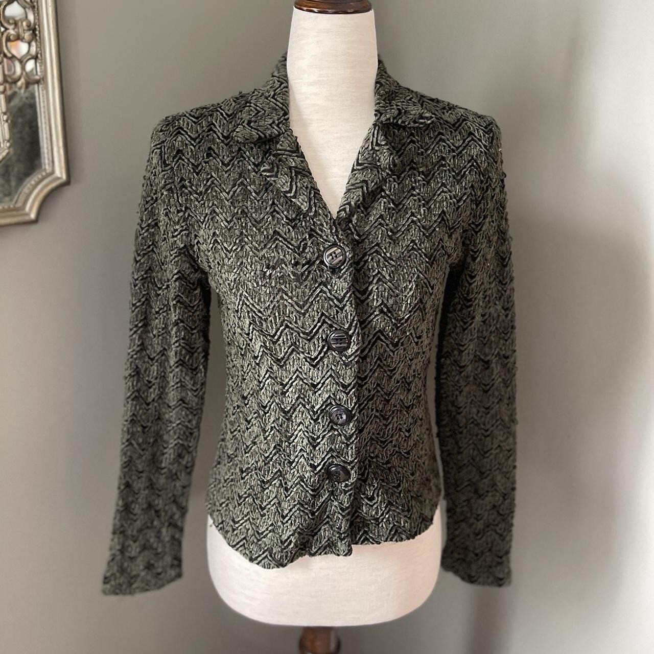 Vintage 80s Button Up Shoulder Pad Green Black Bouclé Cardigan Jacket M Chenile