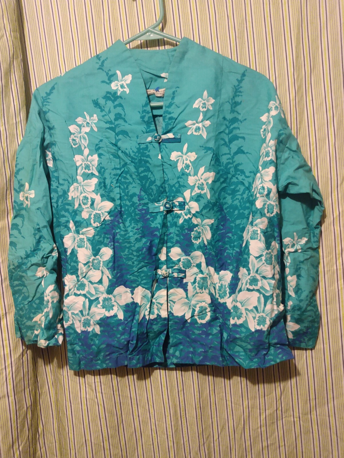 Seafoam Turquoise VINTAGE TROPICAL Print Blouse Top SMALL