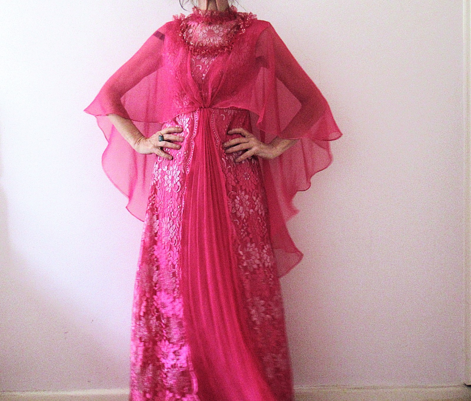 Vintage 70s Pink Lace Goddess Caplet Maxi Dress Small – Fairy Prom Party, Small