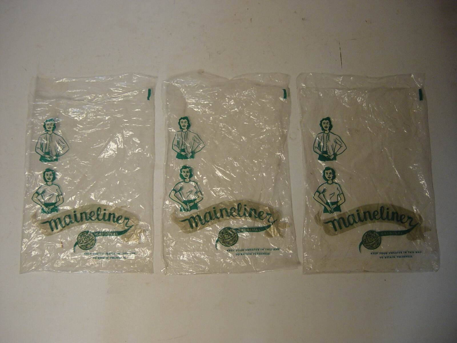 Lot of 3 Vintage Original Maineliner Sweater Plastic Storage Bags Globe Knitwear