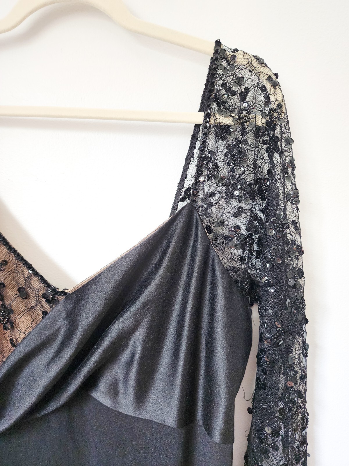 RARE Vintage Saks Fifth Avenue Travilla Ebony Silk Beaded Gown W/ Lace Size 14