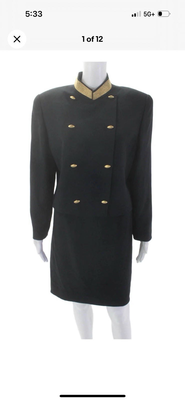 Vintage 80’s Florine Wachter Power Suit Black Gold Power Suit Skirt Set US 12
