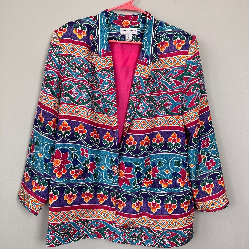 Vintage Carol Horn Women Medium Blazer Silk Floral Print Jacket 80s Arty