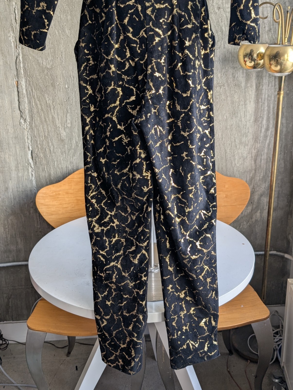 Vintage Vicky Tiel Black and Metallic Gold Suede Long Sleeve Jumpsuit France-XS