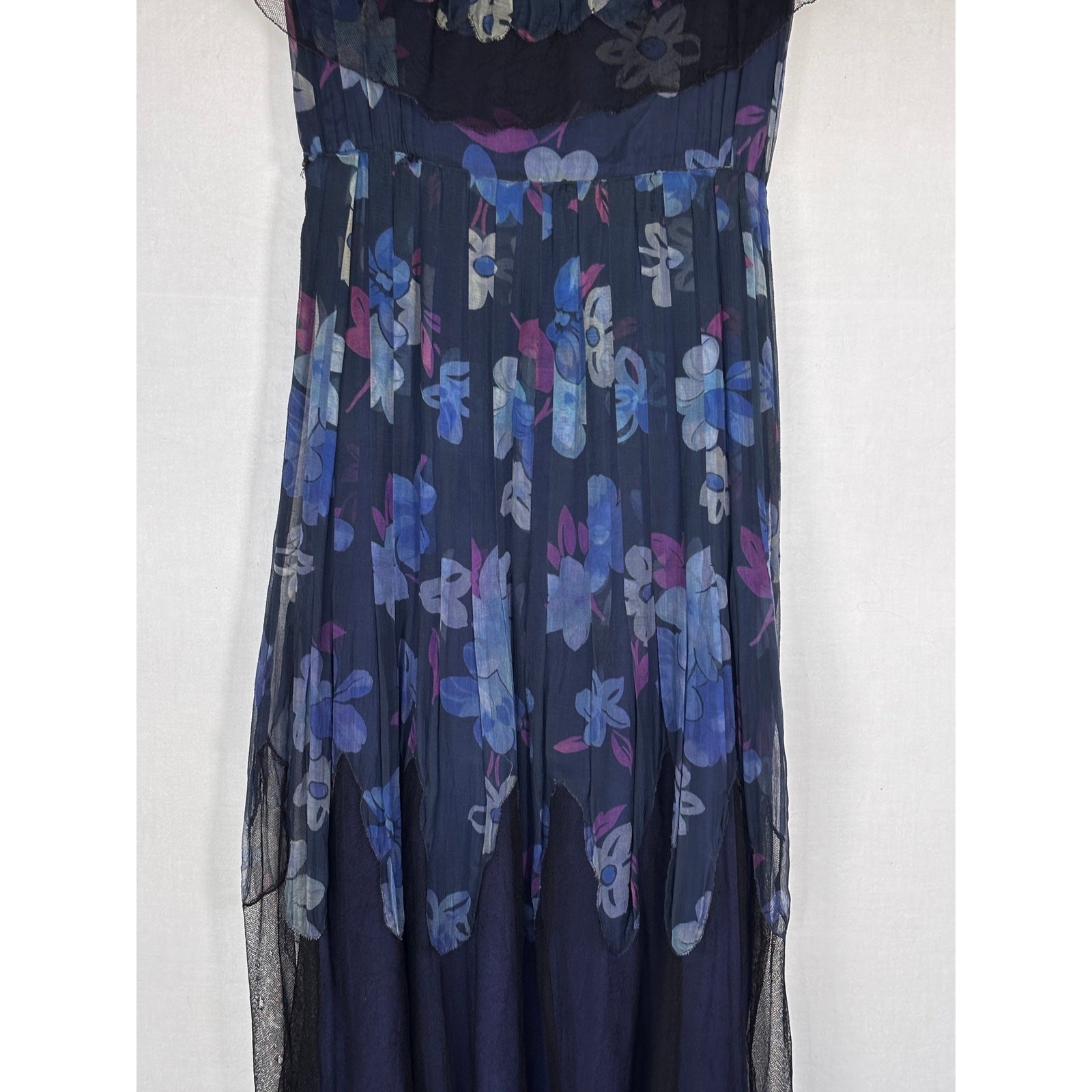 Antique 1920s Navy Floral Silk Dress Flapper Era Flutter Sleeve Drop Waist