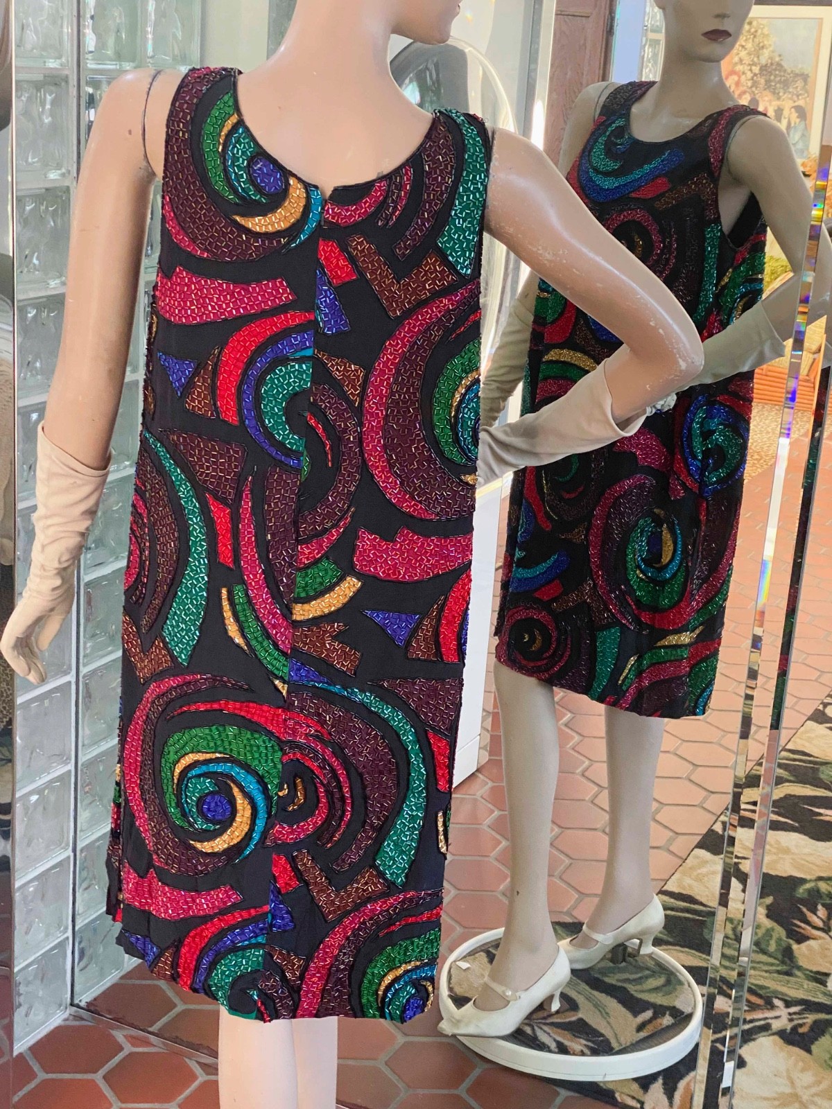 VTG 70s Black Silk Multicolor Psychedelic Beaded Dress 10 Unique A LINE