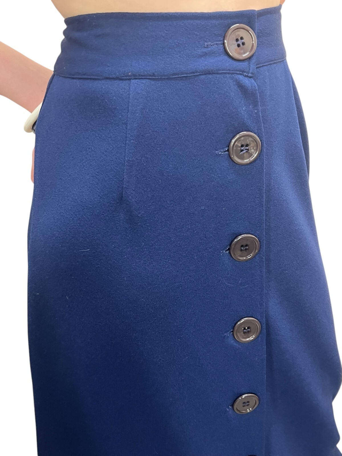 Sz S Vtg 60s 70s MAXI Skirt Button Front Navy Blue Textured Knit