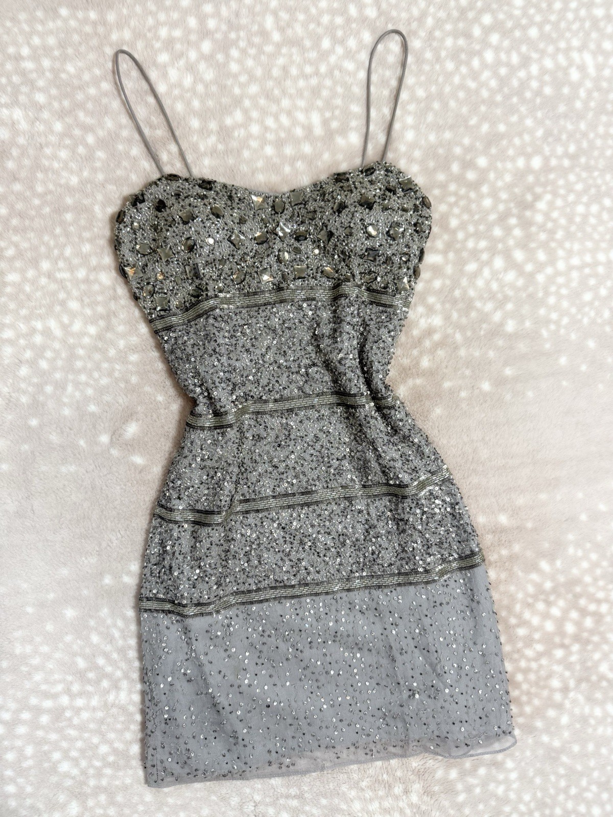 Vintage Y2K Silver Beaded Silk Sequin Gem Party Princess Mini Dress Grey Size S