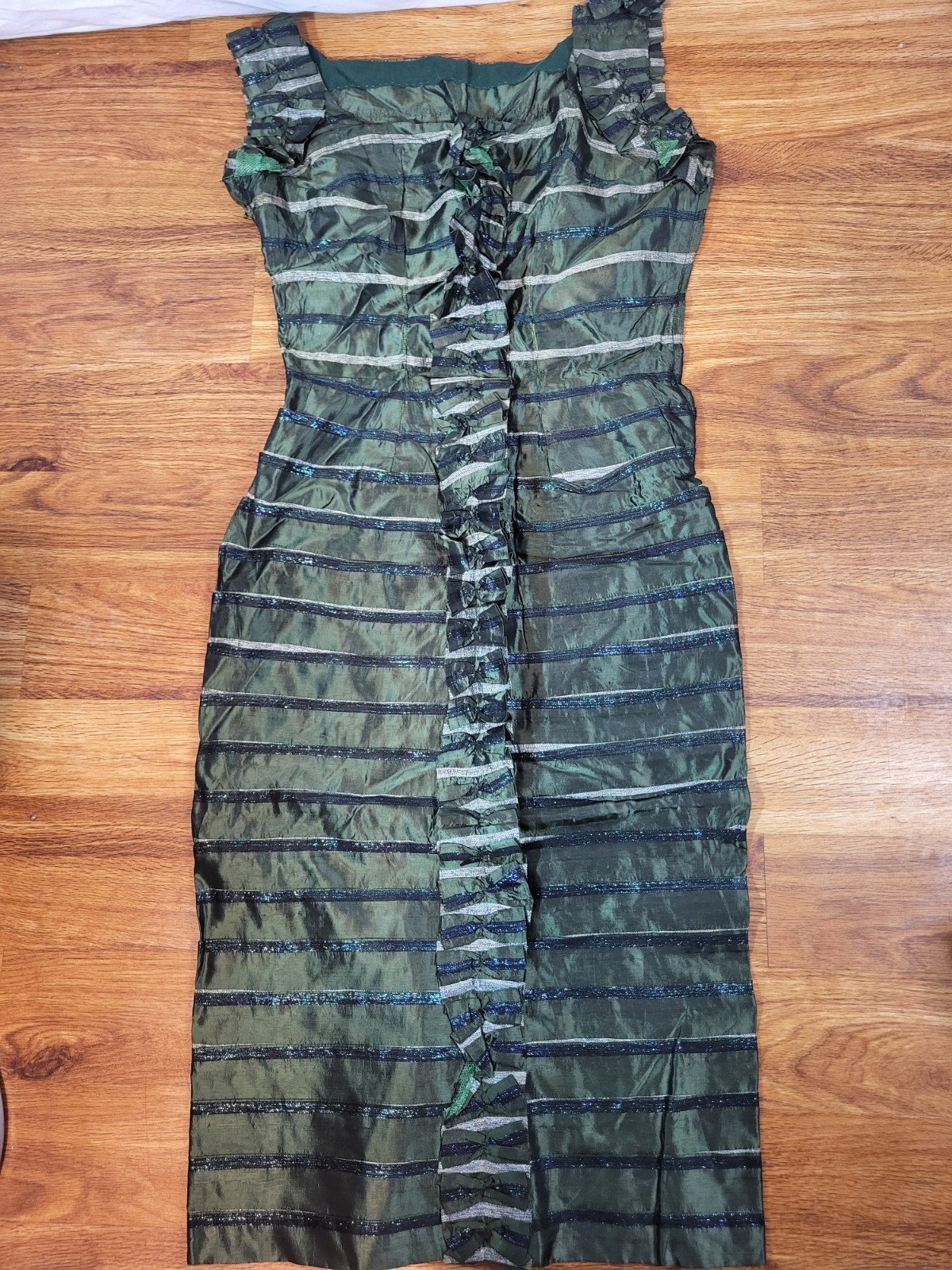 50s 60s Green Wiggle Cocktail Party Dress Med Taffeta Satin Midi VTG Lace Flaw