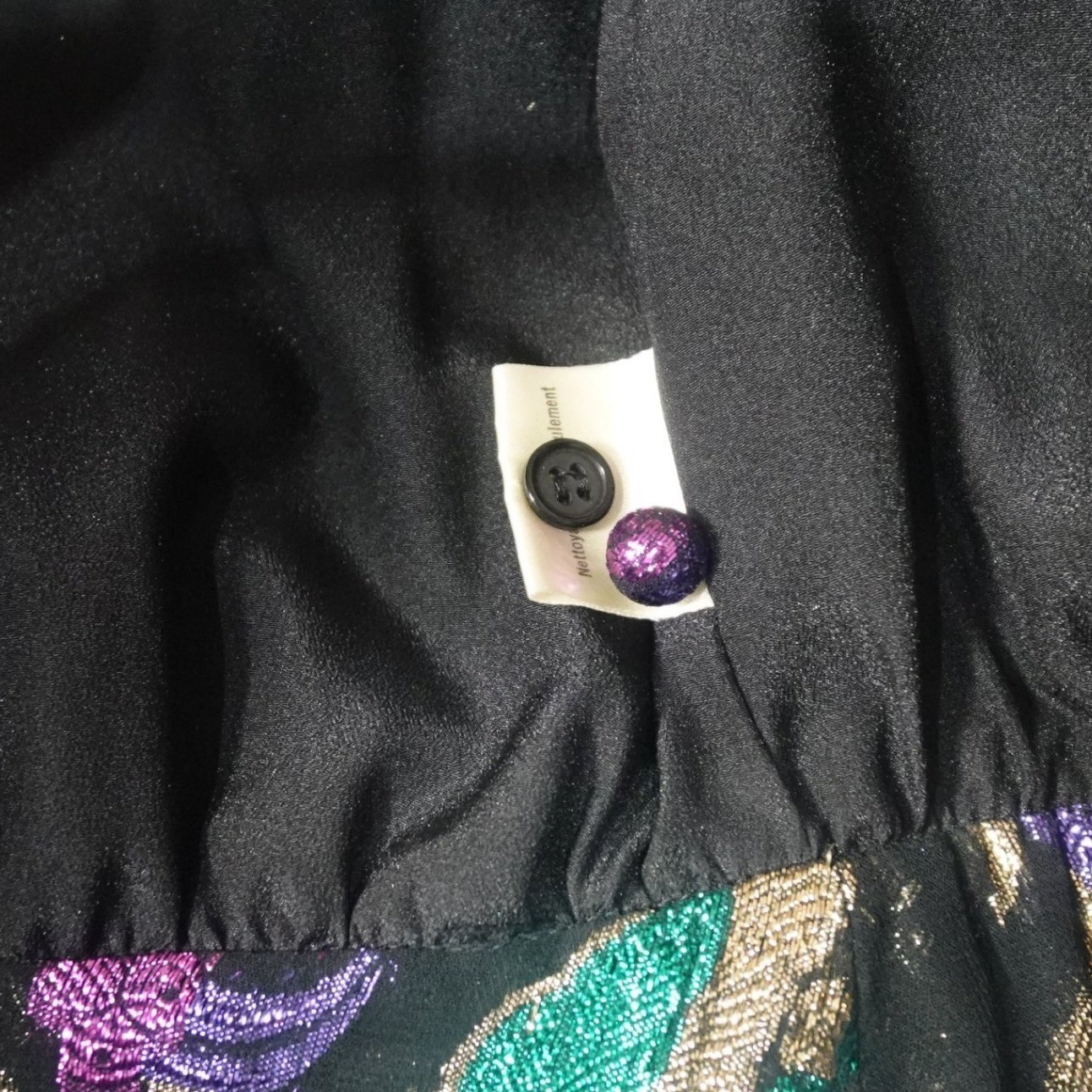 Vintage Anne Klein Black Metallic Abstract Blouse Purple Teal Gold Glam Top 80’s