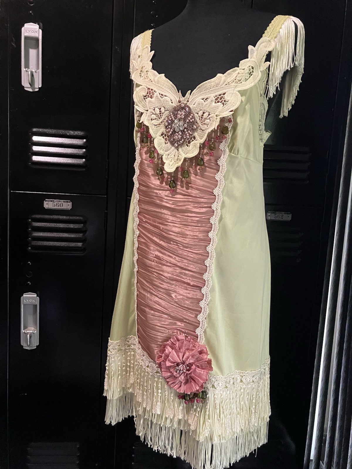 Vintage Pastel Colored Lace Trim Slip/Chemise with Fringe Hem and Beaded Detail
