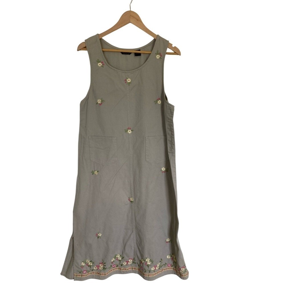 Vtg Agapo Embroidered Floral Tan Khaki Jumper Dress Size MP Midi Cottage Modest