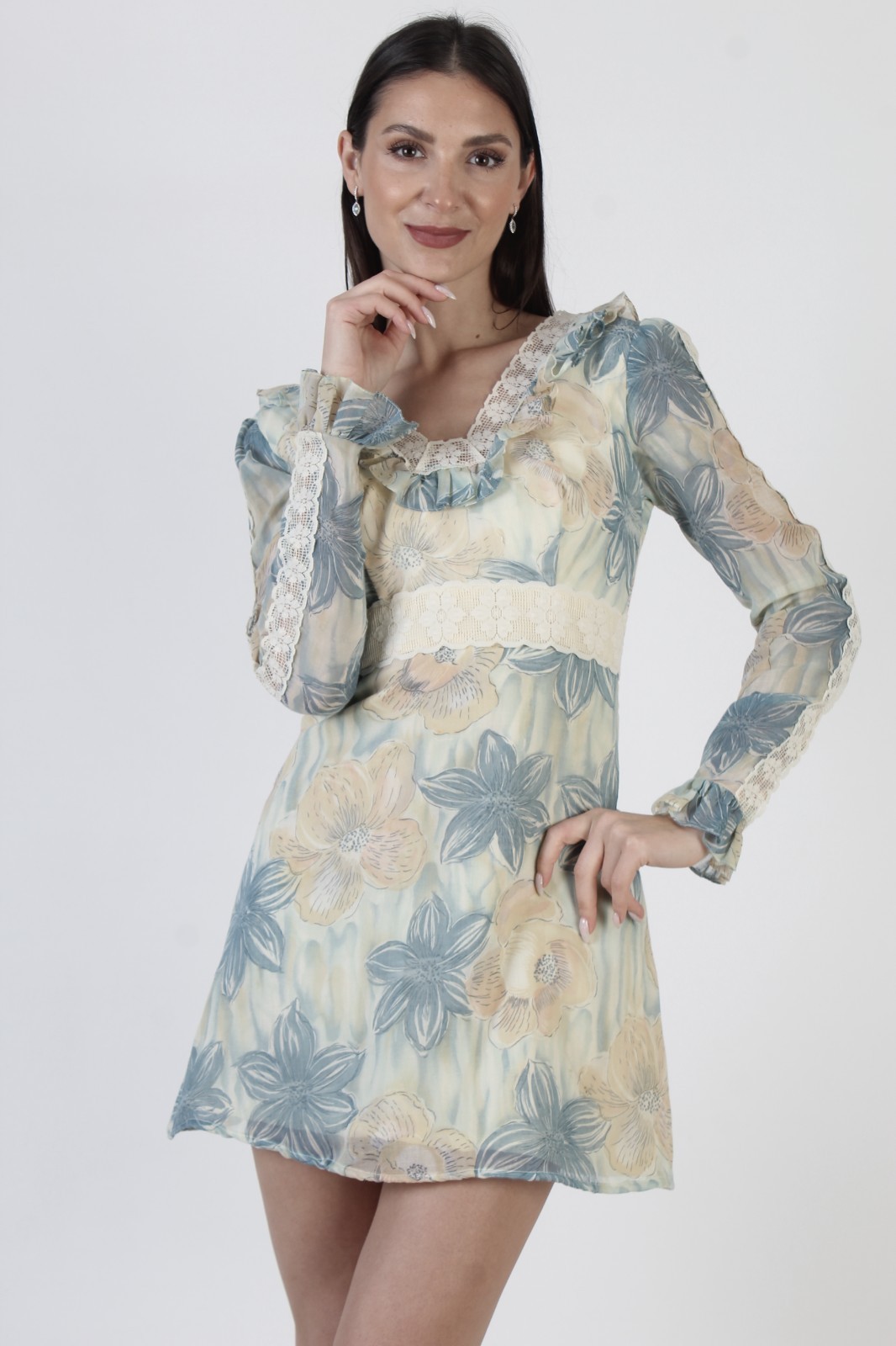 Vintage High Waist Floral Dress 70s Prairie Peasant Hippy Micro Mini Sundress
