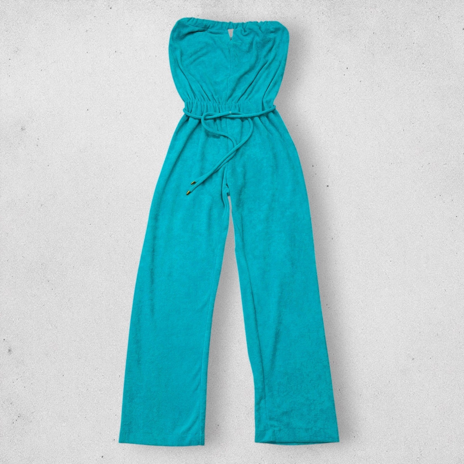 Vtg Beach Things Miami Terry Cloth Strapless Wide Leg Jumpsuit Turquoise Blue