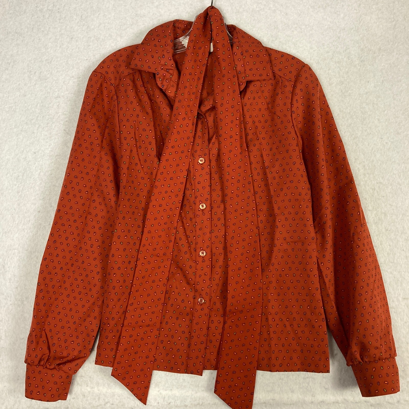 VTG Paisley Blouse 70s Lady Arrow Pussy Bow Burnt Orange Size 10 Boho Fun M
