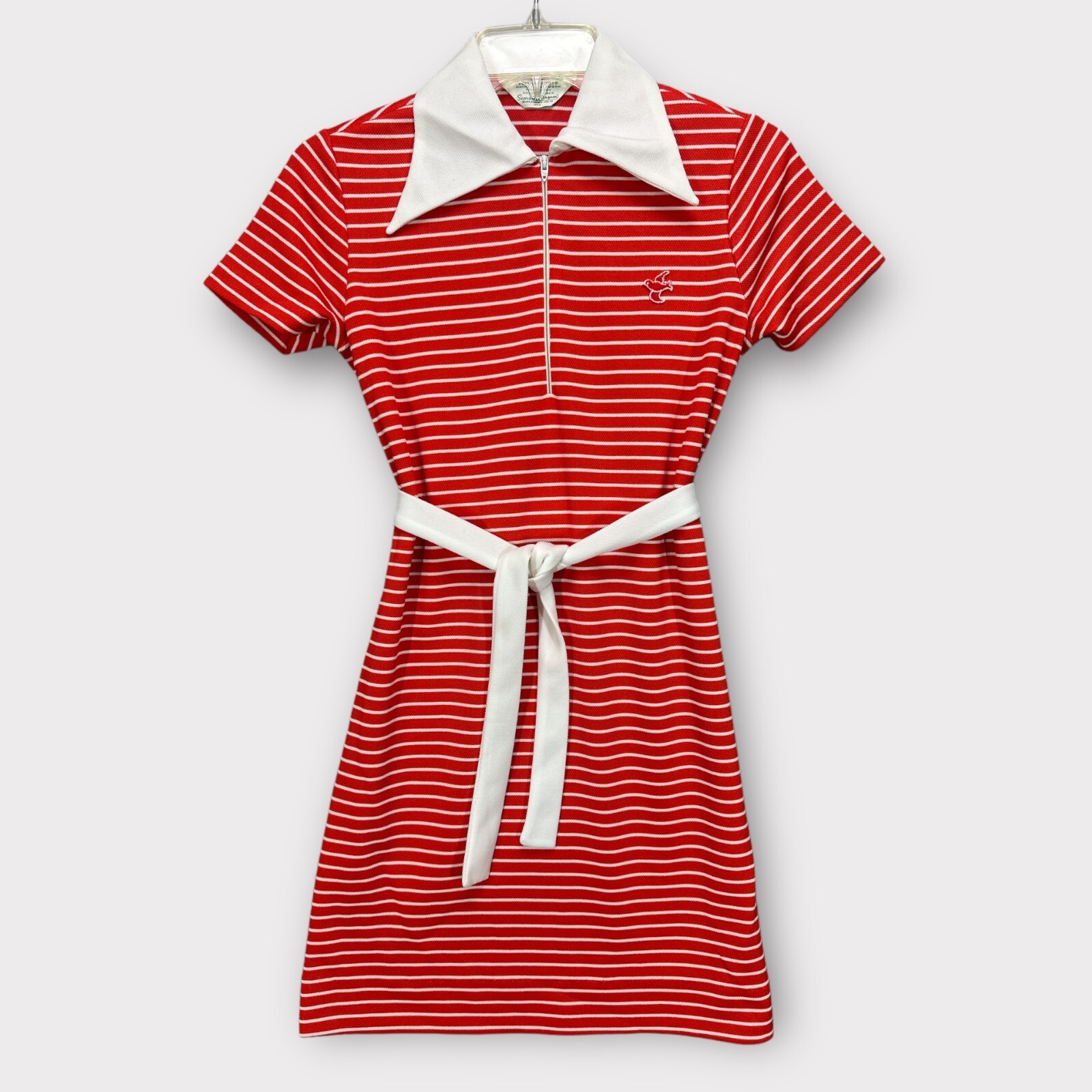 VTG 60s 70s Sears Mod Preppy Shirt Dress Striped Polo Red White Bird Zip Small