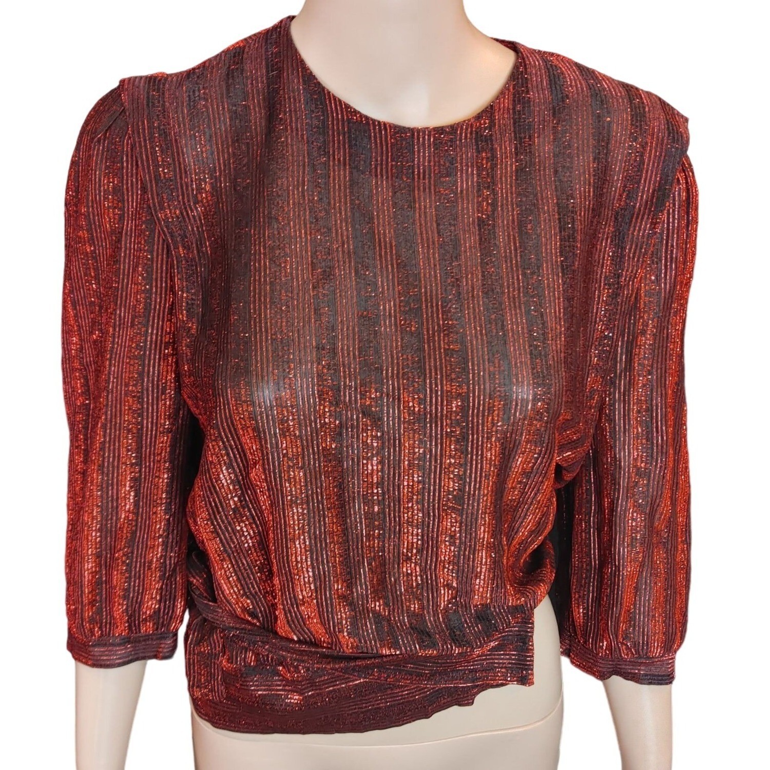 Vintage 80s Frejani Sheer Metallic Striped Size 8 Disco Space Age Blouse w…