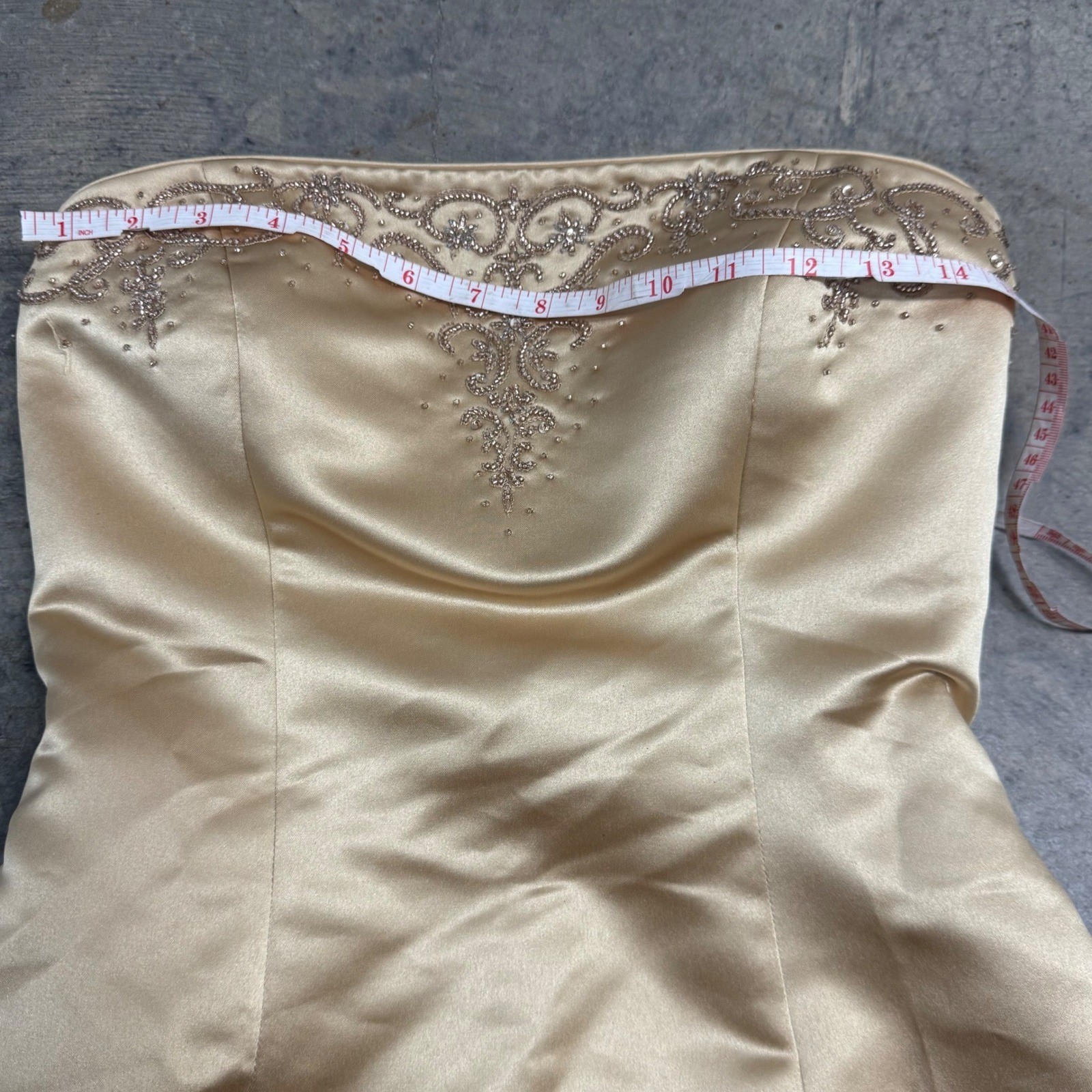 Donna Gray Gold Strapless Beaded Ball Gown S/6 Evening Formal Luxury VTG Satin