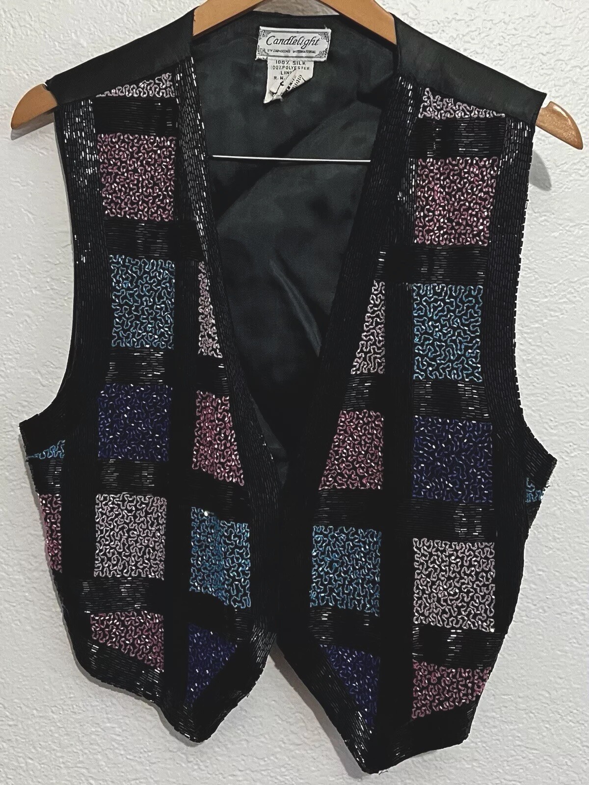 Vintage Medium Silk Embellished Beaded Color Block Sparkly Art To Wear Colorful