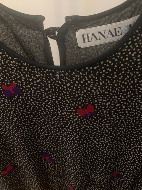 Vintage Hanae Mori silk butterfly polka dot lined Dress with Ruffle skirt Sz S