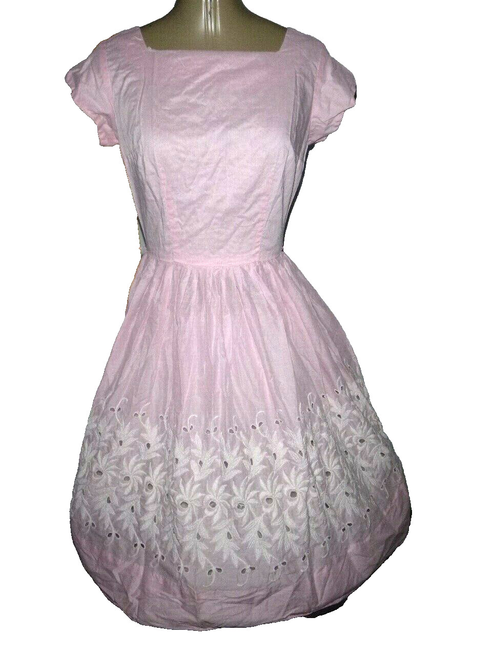 Vintage 50’s Pink/White Cut-Out Embroidered Garden Party Dress Fit-N-Flare Sz S